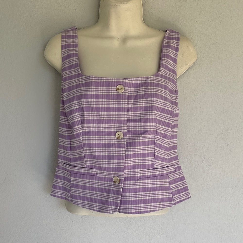 New York & Company purple white plaid button up sleeveless vest blouse small - Picture 3 of 13